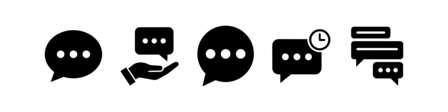 Set of minimalist black speech bubble icons and communication symbols for messaging, chat apps, customer support, and social media UI design. Includes hand and clock variants.