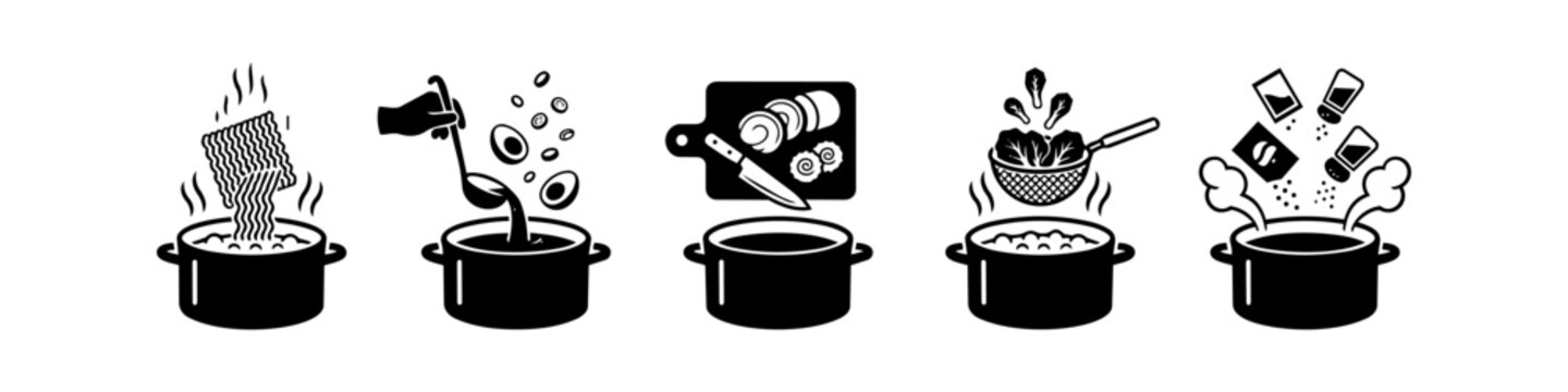 Vector icon set showing five steps to cook ramen: boiling noodles, adding toppings, slicing ingredients, straining greens, and seasoning. Ideal for recipes, cookbooks, and food infographics.