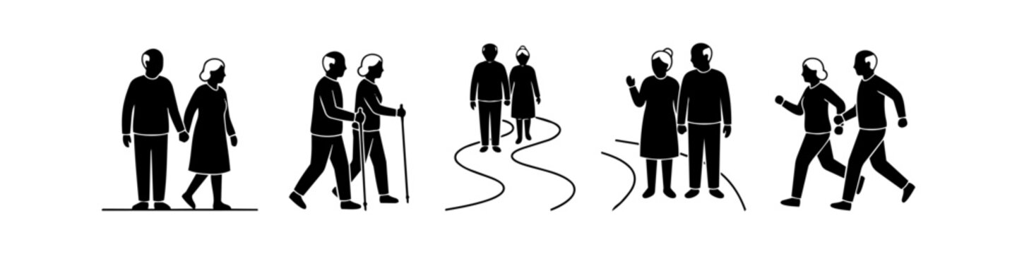 A set of minimalist black icons representing active senior couples walking, jogging, and nordic walking. Perfect for themes of healthy aging, retirement, and fitness lifestyles.