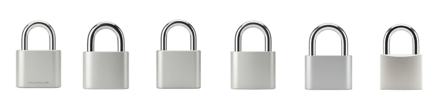 Six silver padlocks isolated on transparent background