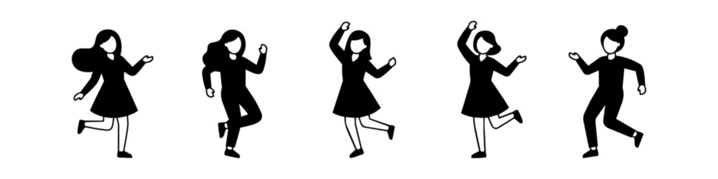 A set of minimalist flat vector silhouettes depicting five women in various dancing and jumping poses, expressing joy, movement, and celebration. Ideal for modern design and social media graphics.