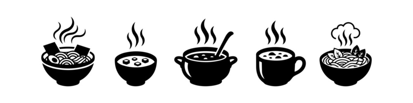 Collection of minimalist black and white soup icons featuring ramen, noodles, broth, and stew in bowls and mugs with steam. Perfect for restaurant menus and food apps.