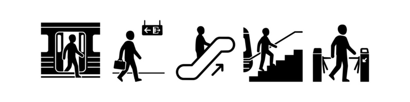 Silhouette icon set illustrating steps of a subway commute: exiting a train, walking, using an escalator, climbing stairs, and passing through a turnstile. Ideal for transit wayfinding.