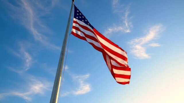 American flag waving on a flagpole against a clear blue sky