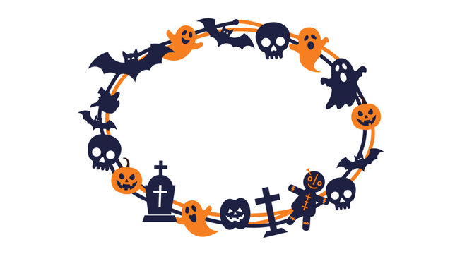 Decorative oval halloween wreath featuring bats ghosts skulls pumpkins and a voodoo doll in orange and dark blue colors.