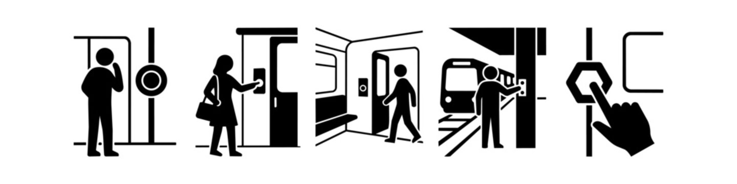Set of black and white instructional icons showing passengers using public transport, including opening doors, waiting on platforms, and pressing stop buttons for trains or subways.