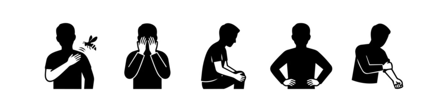 Silhouette icon set depicting a man experiencing various symptoms including a bee sting, knee pain, arm injury, and stress. Ideal for health and medical information.