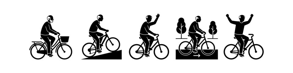 Obraz premium Black and white icon set featuring an elderly man on a bicycle. Showcasing senior fitness, health, and an active lifestyle through various cycling activities like hill climbing and park riding.