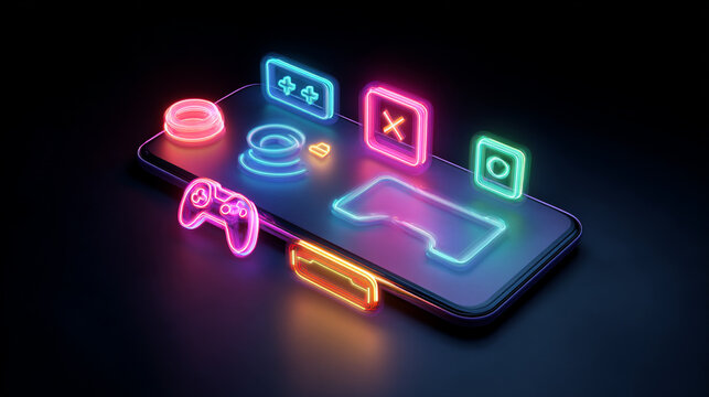 A vibrant smartphone with neon game icons, showcasing the intersection of technology and gaming. Ideal for illustrating digital gaming trends and modern mobile entertainment.