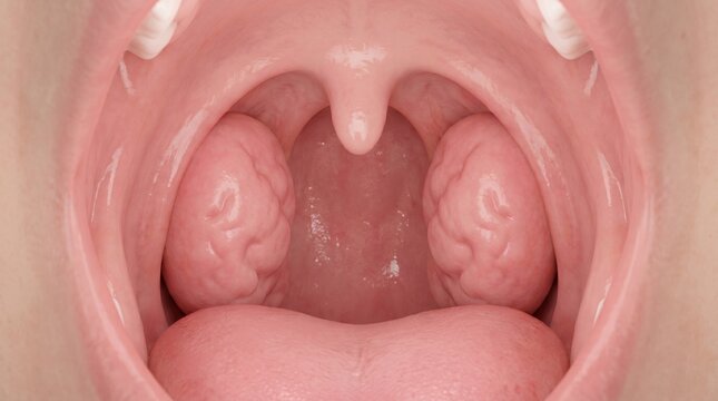 Healthy palatine tonsils viewed in open mouth during clinical examination