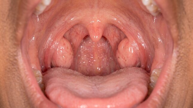 Healthy palatine tonsils in a Black teenager's open mouth during ENT examination