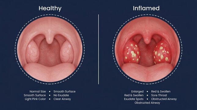 Healthy tonsils comparison infographic showing normal versus inflamed oropharynx