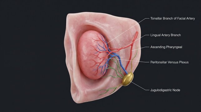 3D anatomical illustration of palatine tonsil blood supply and lymphatic drainage