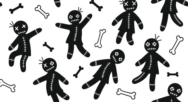 Spooky voodoo dolls and bones in a seamless black and white pattern for halloween occult theme decor and creepy fabric print designs.