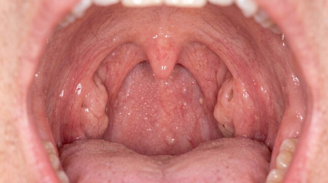 Healthy tonsils in an older adult male's open mouth showing age-related changes