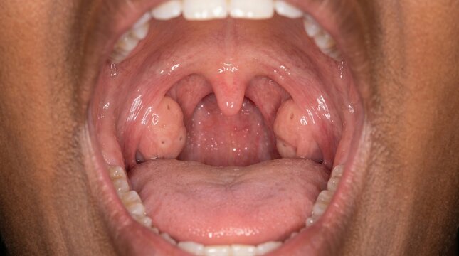 Healthy Black female's open mouth showing normal tonsils in clinical view