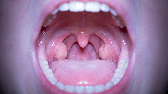 Healthy tonsils in a toddler's open mouth showing normal developmental appearance