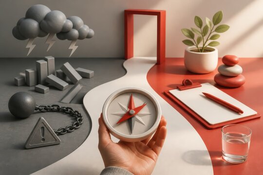 Decision making concept with hand holding compass on split path past obstacles storm cloud and doorway in a modern 3D illustration