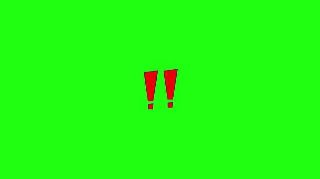 Two red exclamation marks popping up and vibrating on green screen background. Attention and warning concept sign