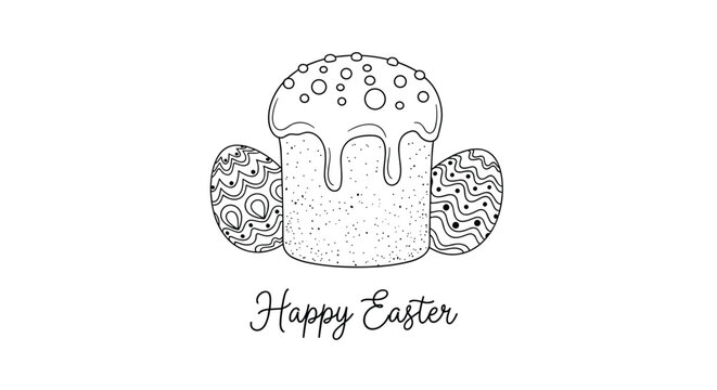Hand drawn easter cake and patterned eggs illustration in black and white line art for spring holiday coloring activities and cards.