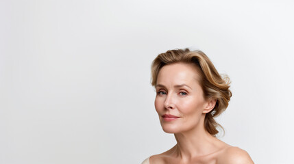 middle aged woman glowing skin cinematic portrait, elegant mature woman beauty soft light headshot, natural aging beauty confident middle aged female portrait © overrust