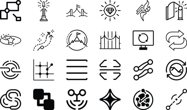 Set of black icons representing business, technology, and success on transparent background.