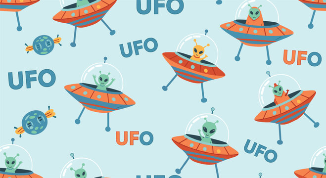 Fun seamless pattern for kids featuring retro flying saucers with little green aliens and space themed elements on a light blue background.