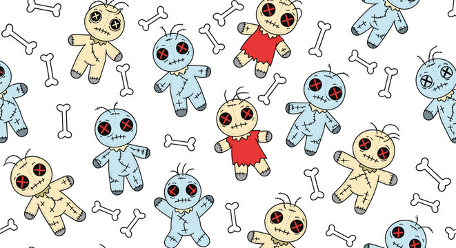 Vibrant seamless pattern with colorful voodoo doll characters and scattered bones for spooky and mystical themed fabric or paper.