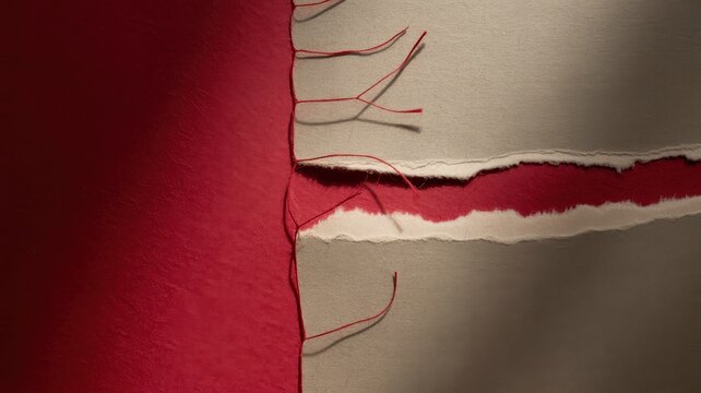 Red paper torn in half with thin red threads hanging from the ripped edge of the textured gray paper sheet