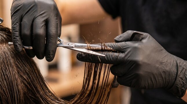 Experienced hairdresser employs protective gloves for meticulous styling and finishing touches