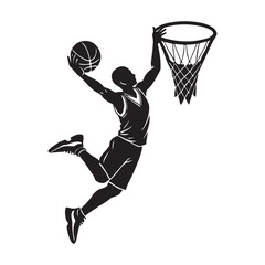 Silhouette of a basketball player jumping for a slam dunk into the hoop. © Md Anamul