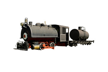 Historic steam locomotive with a tank car in a retro industrial design, transparent bottom for railway projects, railway heritage, classic mobility. © Raphael