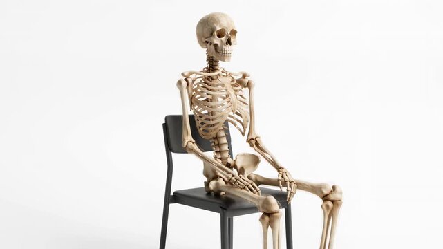 Anatomical skeleton model seated on chair in resting pose