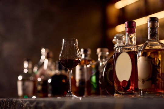 Fine brandy served in elegant glass in a bar.