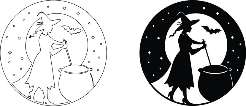 Witch stirring potion in cauldron with bats and full moon halloween circular artwork.