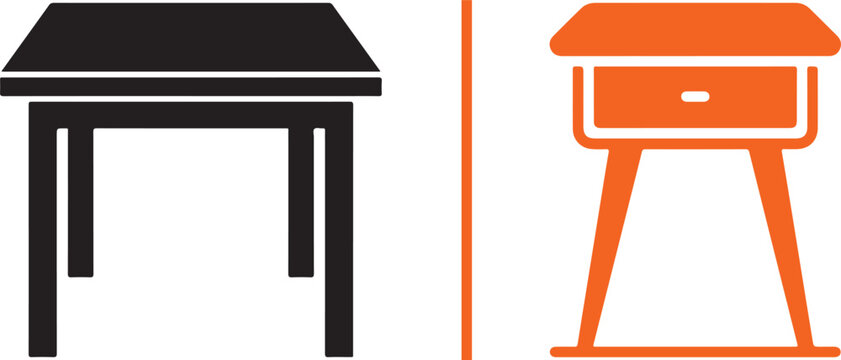 Minimalist vector furniture graphic: a simple black wooden table on the left, separated by a vertical orange line from an orange mid-century modern nightstand with a single drawer on the right.