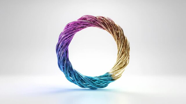 A vibrant, multicolored twisted rope forms a perfect circular shape, showcasing a brilliant gradient of hues transitioning smoothly across its surface, symbolizing unity and interconnectedness