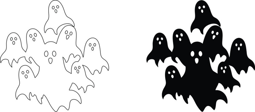 A group of cute spooky cartoon ghosts with happy faces, isolated on transparent background.