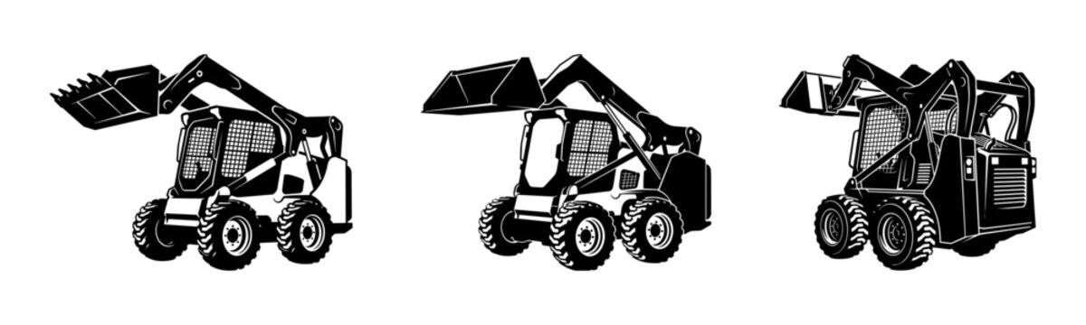 Skid steer loader vector illustrations set, bobcat machine icons isolated on white background