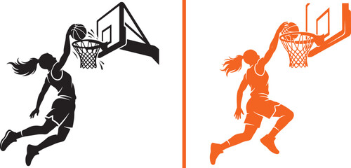 Vector layout featuring a black silhouette of a female basketball player dunking next to two hoops on the left, and a vibrant orange silhouette of a player scoring on the right, split by an orange lin © Muhammad
