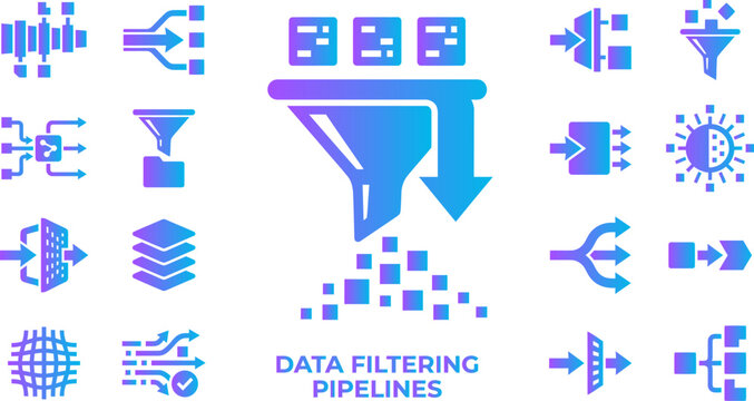 Data filtering pipelines icons, information processing symbols, data analysis tools, technology network elements.