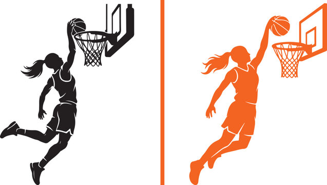 Minimalist vector graphic showing a black female basketball player dunking on the left, separated by a vertical orange line from a stylized orange player scoring a layup on the right.