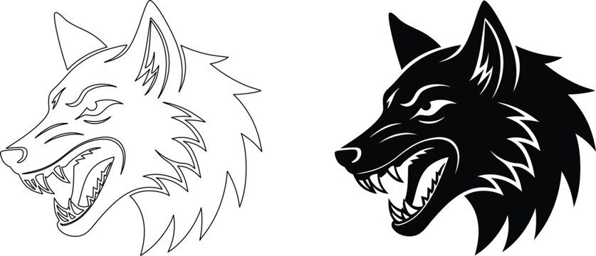 Aggressive wolf head silhouette mascot icon vector graphic in flat black and white style.
