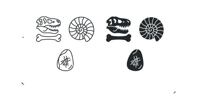 Paleontology icon set with dinosaur skull, ammonite shell fossils, and prehistoric insect trapped in amber