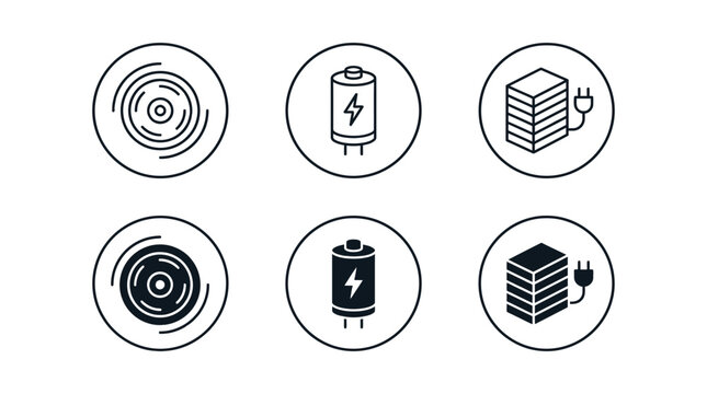 Data storage and power technology icons set with battery lightning server and disc symbols, technology