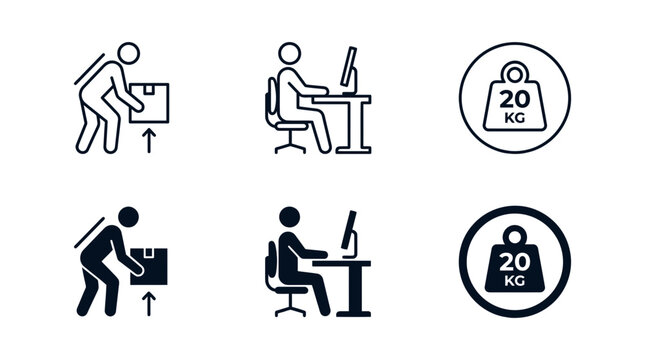 Workplace safety and ergonomics icon set showing correct lifting posture and desk seating with ergonomics
