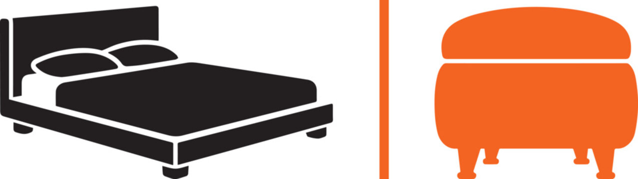 Vector icon layout featuring a solid black double bed with pillows on the left and an orange upholstered armchair or ottoman on the right, separated by a vertical orange line.