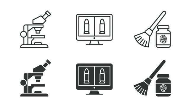 Forensic ballistics and fingerprint analysis icon set with microscope computer monitor and evidence powder