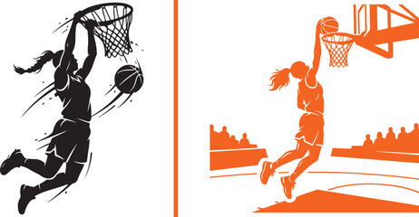 Vector graphic featuring a black silhouette of a female basketball player dunking on the left side and an orange silhouette of a female player scoring on the right, separated by a vertical orange line © Muhammad