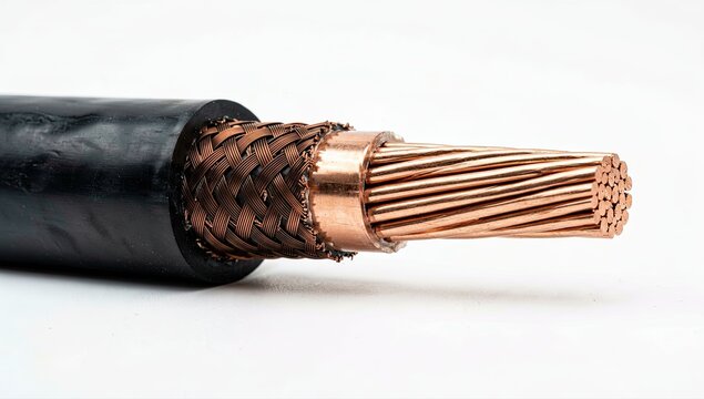 Close up view of power cable showing braided copper shielding and inner stranded conducting wire core.
